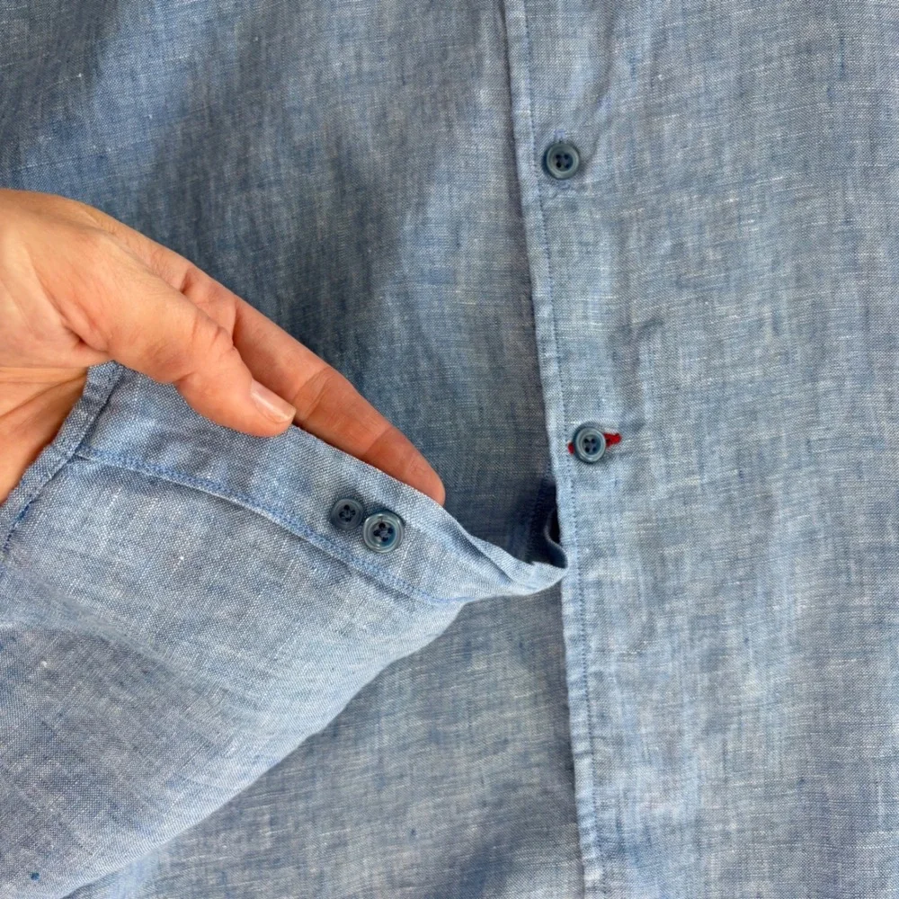 Cremieux Mens XXL Blue Linen Short Sleeve Button Down‎ Shirt Lightweight